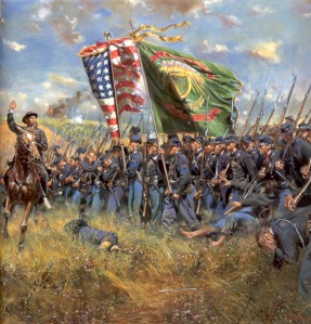 This is a painting of the Civil War depicting an Irish regiment. You can see the American Flag flying next to an irish regiment flag showing their nationality and who they were fighting for.